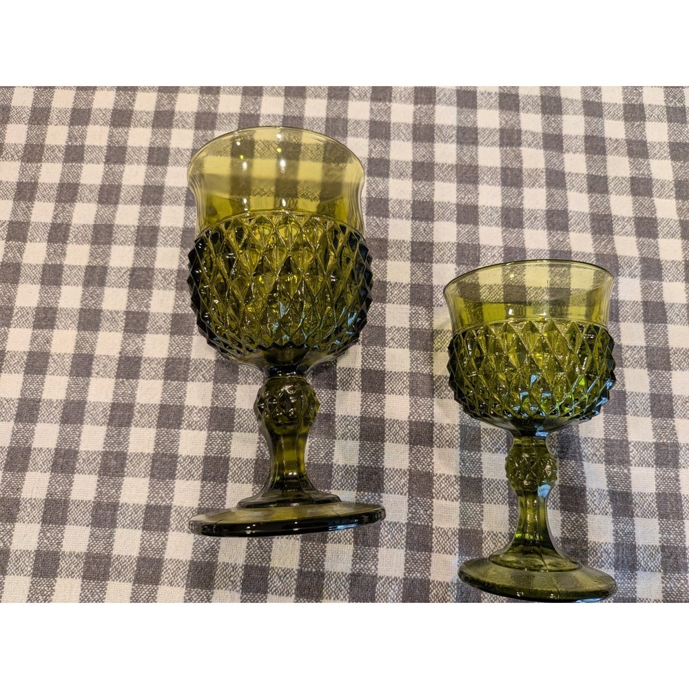 Indiana Glass Whitehall Olive Green Goblets Vintage Mid Century Glassware‎ Set 2